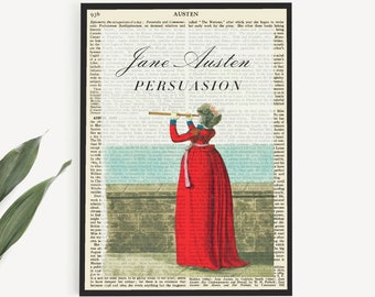 May include: Printable book art featuring a vintage illustration of a woman in a red dress looking through a telescope, set against a backdrop of antique book pages. The artwork includes the text "Jane Austen PERSUASION".