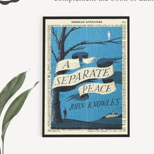 May include: A printable book art print featuring a vintage book page with a blue background and the title "A Separate Peace" by John Knowles. The title is written in a stylized font with a banner design.