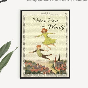 Impression d'art de couverture de livre « Peter Pan et Wendy » sur une vieille page, impressions d'affiches J. M. Barrie, impressions d'art mural de chambre d'enfants, art de livre d'enfants