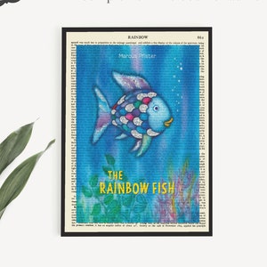 Druckbares 'The Rainbow Fish' Buch Poster auf alter Seite, Kinderzimmer Wand Kunst Dekor, Kinderbuch Kunst Geschenk für Bücherwurm Kind