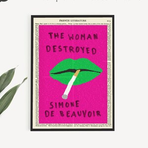 Capa de livro para impressão de The Woman Destroyed de Simone de Beauvoir em página antiga, presente de literatura francesa, decoração de arte de parede literária, presentes da França