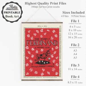 Peut inclure: Impression d'art de livre imprimable "L'histoire de Ferdinand" de Munro Leaf. La couverture pr&eacute;sente un fond rouge avec des fleurs blanches et un taureau noir. Le texte "L'histoire de Ferdinand" est en lettres blanches. Le texte "Dessins de Robert Lawson" est en lettres noires. L'impression est disponible en 9 tailles, dont 4x5 pouces, 8x10 pouces, 12x15 pouces et 16x20 pouces.