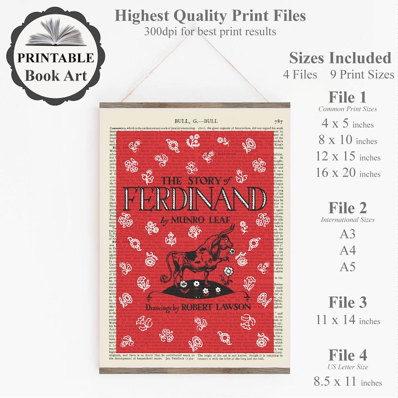 Peut inclure: Impression d'art de livre imprimable "L'histoire de Ferdinand" de Munro Leaf. La couverture pr&eacute;sente un fond rouge avec des fleurs blanches et un taureau noir. Le texte "L'histoire de Ferdinand" est en lettres blanches. Le texte "Dessins de Robert Lawson" est en lettres noires. L'impression est disponible en 9 tailles, dont 4x5 pouces, 8x10 pouces, 12x15 pouces et 16x20 pouces.