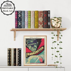 May include: A wooden shelf displays a collection of vintage books with colorful spines and a framed "Frankenstein" print. The print features the title and author's name, with a monster illustration. A gold pot with a trailing plant is also on the shelf.