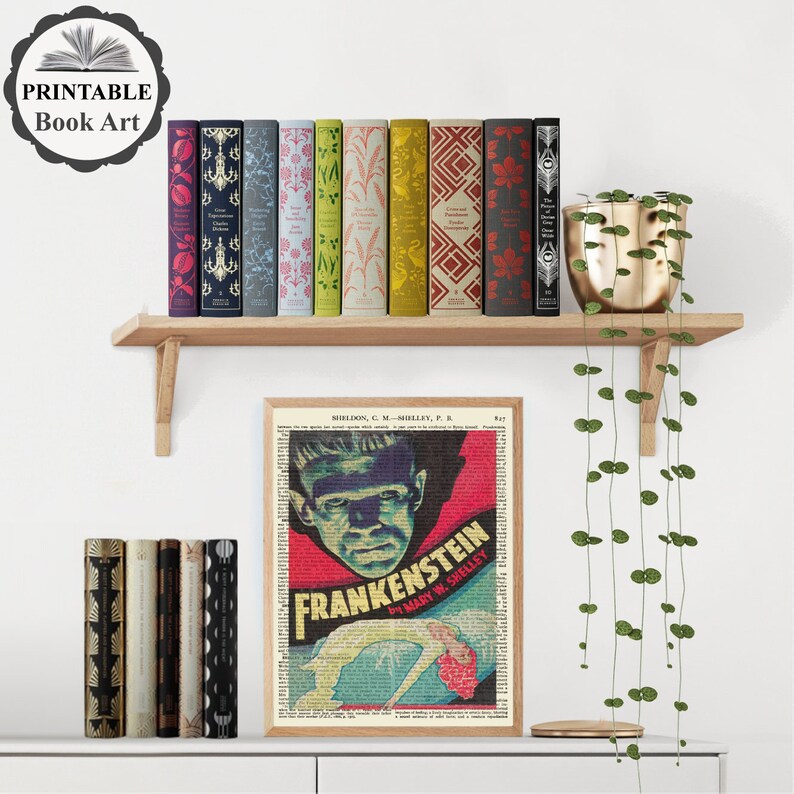 May include: A wooden shelf displays a collection of vintage books with colorful spines and a framed "Frankenstein" print. The print features the title and author's name, with a monster illustration. A gold pot with a trailing plant is also on the shelf.