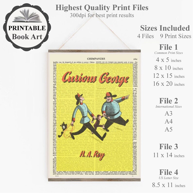 May include: Printable book art featuring a yellow background with a black and white illustration of Curious George and a monkey. The text "Curious George" is in red and the text "H. A. Ray" is in black. The image is surrounded by a black and white newspaper print. The image is available in 9 different sizes.