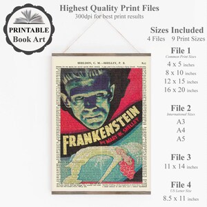 May include: A framed print of the classic novel "Frankenstein" by Mary W. Shelley. The artwork features a vintage book cover design with a portrait of the monster and the title in bold letters. Includes multiple print sizes.