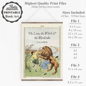 May include: Printable book art featuring a vintage illustration from "The Lion, the Witch, and the Wardrobe" by C.S. Lewis. The artwork includes the book title, author, and a scene with children and a lion. Available in various sizes, including 4x5, 8x10, and 12x15 inches.