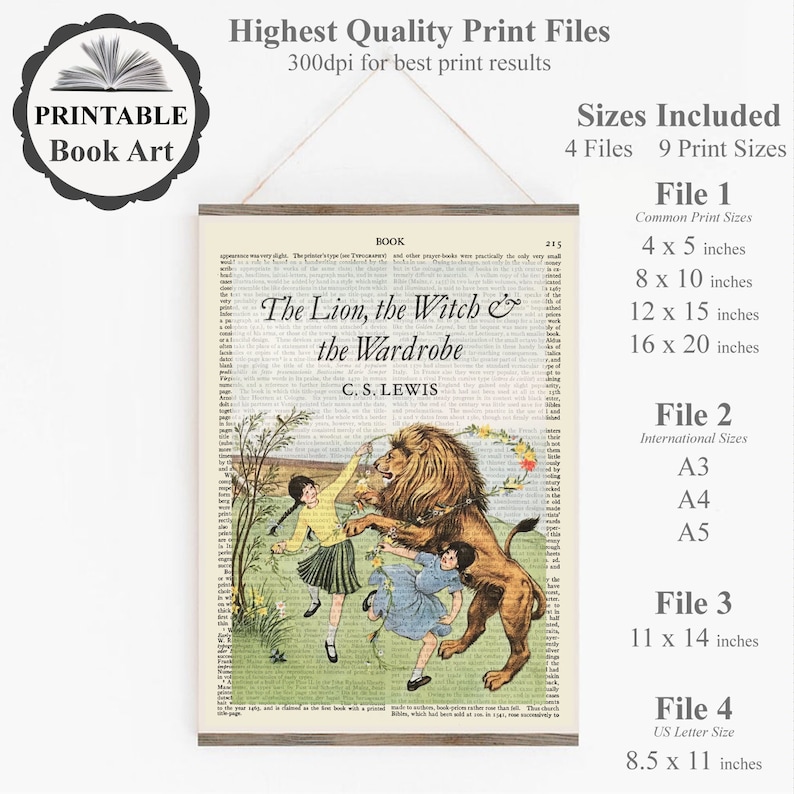 May include: Printable book art featuring a vintage illustration from "The Lion, the Witch, and the Wardrobe" by C.S. Lewis. The artwork includes the book title, author, and a scene with children and a lion. Available in various sizes, including 4x5, 8x10, and 12x15 inches.
