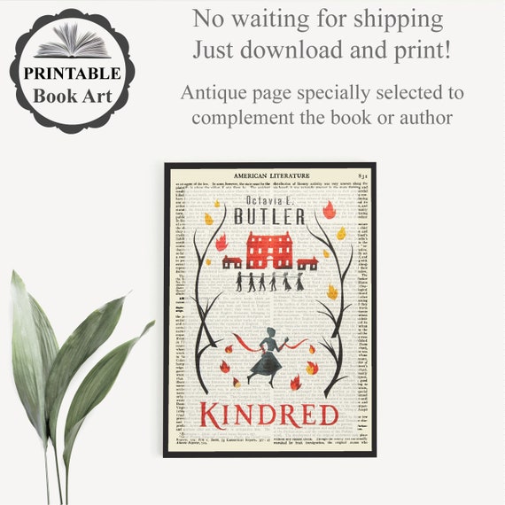 Printable Book Art of 'Kindred' Book Cover on Old Page, Book Art Poster Print, American Literature Wall Art Print, Reading Room Decor