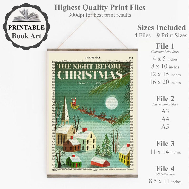 May include: Printable book art featuring a vintage illustration of Santa Claus flying in a sleigh pulled by reindeer over a snowy town. The title of the book is "The Night Before Christmas" by Clement C. Moore. The image is available in 9 different sizes, including 4x5 inches, 8x10 inches, 12x15 inches, and 16x20 inches.