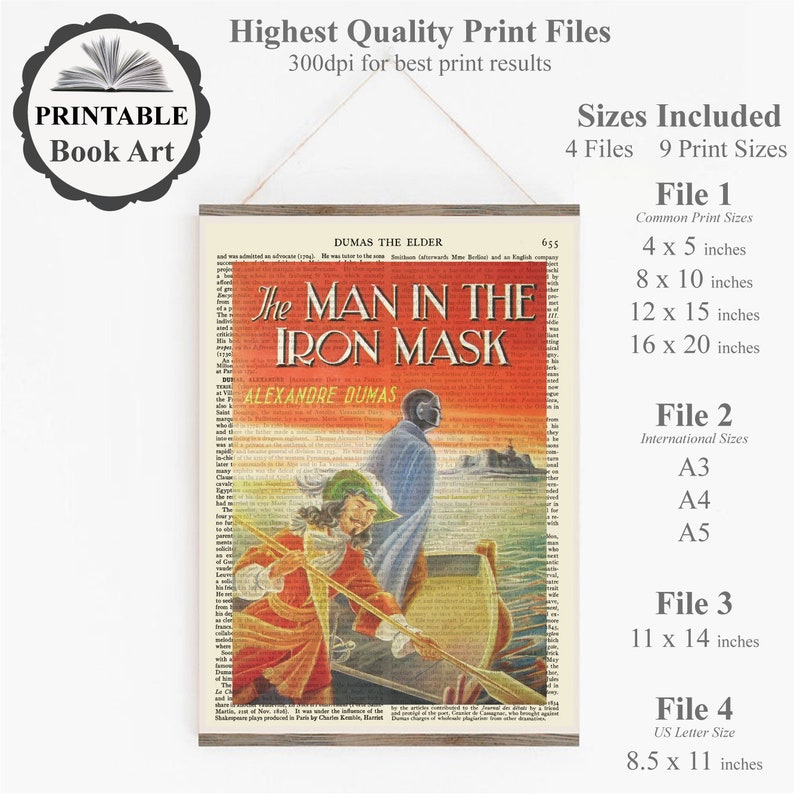 Printable 'the Man in the Iron Mask' Book Cover Art Print on Old Page