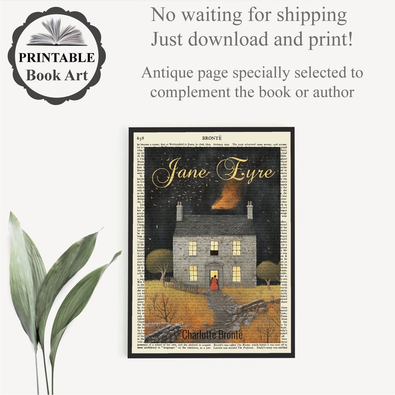 Peut inclure: Art imprimable pour livre, repr&eacute;sentant une illustration vintage d'une maison avec une fen&ecirc;tre &eacute;clair&eacute;e la nuit. Le titre "Jane Eyre" est &eacute;crit en police d&eacute;corative au-dessus de la maison. Le texte "Charlotte Bront&euml;" est imprim&eacute; sous l'illustration.