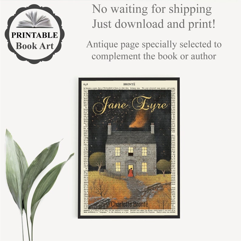 Printable Jane Eyre Book Cover Poster Print On Old Page, Instant Download, Jane Eyre Gift, Bronte Poster Prints, English Literature Wall Art image 1