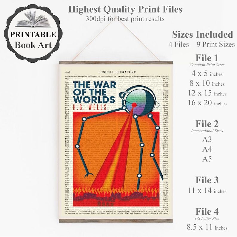 May include: Printable book art featuring a red and black illustration of a Martian tripod from H.G. Wells' "The War of the Worlds" superimposed on a page of text. The art is available in 9 sizes, including 4x5 inches, 8x10 inches, 12x15 inches, and 16x20 inches.