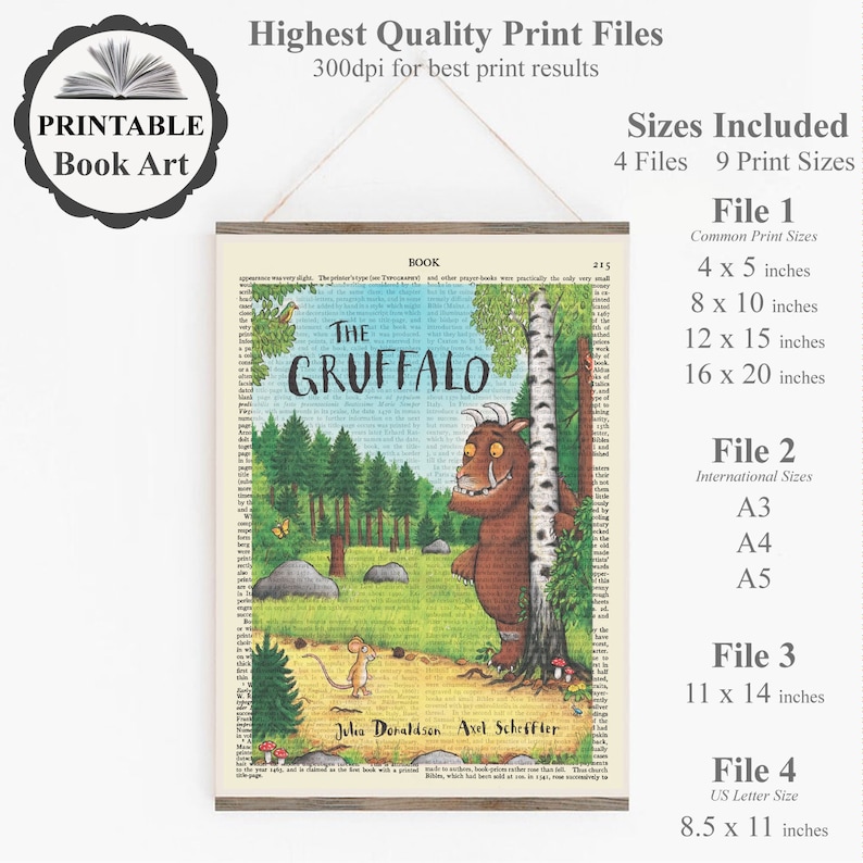 Pu&ograve; includere: Arte di libro stampabile con un'illustrazione del Gruffalo dal libro per bambini di Julia Donaldson e Axel Scheffler. L'immagine &egrave; stampata su uno sfondo di pagina di libro vintage. Il testo "The Gruffalo" &egrave; stampato in grandi caratteri grassetto. L'immagine &egrave; disponibile in nove diverse dimensioni, tra cui 4x5 pollici, 8x10 pollici, 12x15 pollici e 16x20 pollici.
