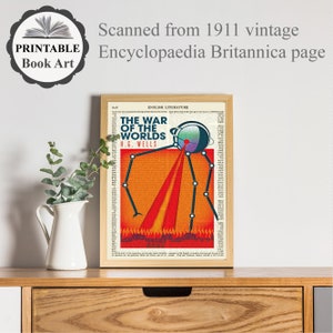 May include: A vintage book cover illustration of a red and orange alien tripod from "The War of the Worlds" by H.G. Wells. The cover is printed on a page from a 1911 edition of the Encyclopaedia Britannica.
