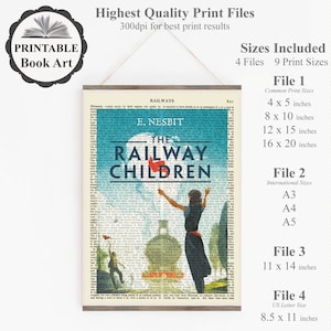 Puede incluir: Impresi&oacute;n de arte de libro imprimible de la portada de "The Railway Children" de E. Nesbit. La portada presenta un fondo azul con un tren y una ni&ntilde;a con un vestido rojo agitando una bandera roja. El texto "The Railway Children" est&aacute; en letras blancas sobre una pancarta azul.