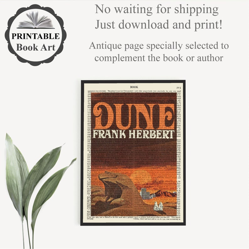 K&ouml;nnte beinhalten: Ein druckbarer Buchkunst-Druck mit dem Cover des Buches "Dune" von Frank Herbert. Das Cover zeigt einen Sandwurm in einer orangefarbenen und braunen W&uuml;stenlandschaft.