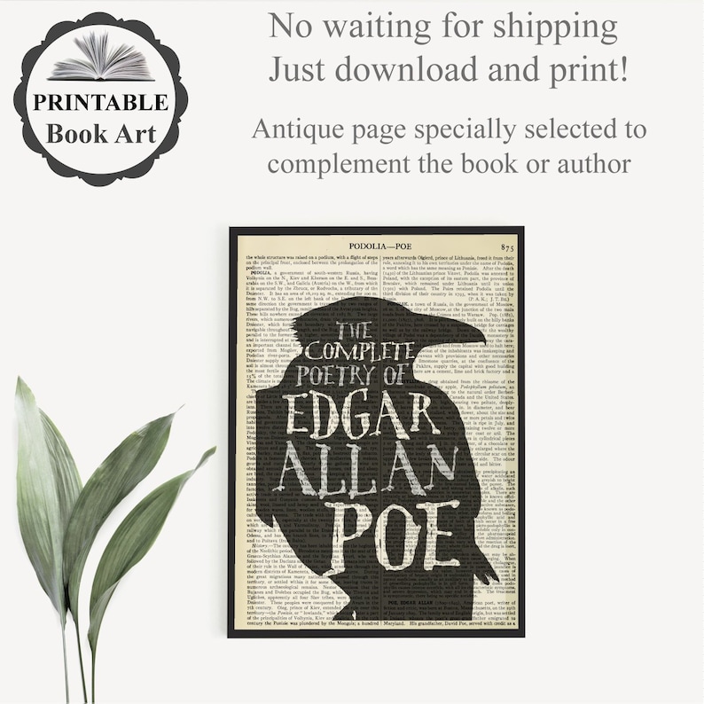 Peut inclure: Art de livre imprimable avec une silhouette noire de corbeau et le texte "The Complete Poetry of Edgar Allan Poe" sur un fond de page de livre vintage.