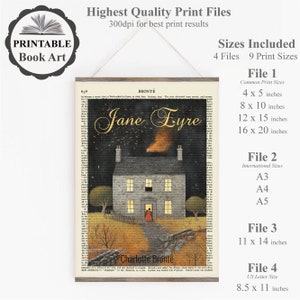 Peut inclure: Illustration imprimable d'un livre repr&eacute;sentant une maison vintage avec un feu dans la chemin&eacute;e. Le titre "Jane Eyre" est &eacute;crit dans une police de caract&egrave;res stylis&eacute;e au-dessus de la maison. Le texte "Charlotte Bront&euml;" est &eacute;crit sous la maison. L'image est sur un fond sombre avec des &eacute;toiles. L'image est disponible en 9 tailles diff&eacute;rentes.
