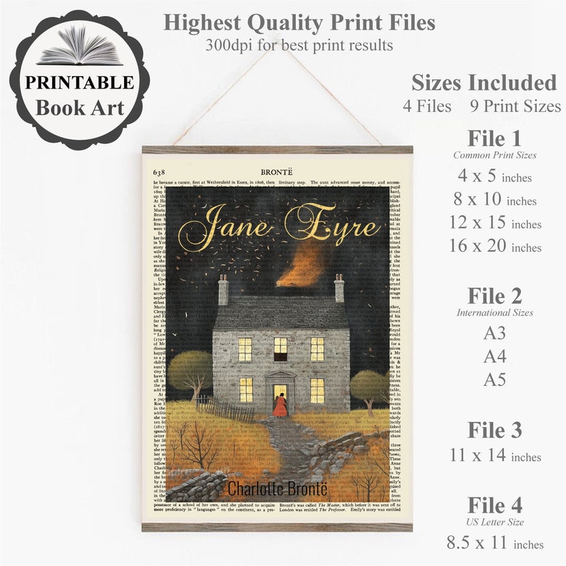Peut inclure: Illustration imprimable d'un livre repr&eacute;sentant une maison vintage avec un feu dans la chemin&eacute;e. Le titre "Jane Eyre" est &eacute;crit dans une police de caract&egrave;res stylis&eacute;e au-dessus de la maison. Le texte "Charlotte Bront&euml;" est &eacute;crit sous la maison. L'image est sur un fond sombre avec des &eacute;toiles. L'image est disponible en 9 tailles diff&eacute;rentes.