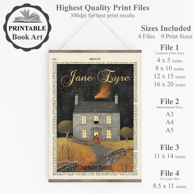 Printable Jane Eyre Book Cover Poster Print On Old Page, Instant Download, Jane Eyre Gift, Bronte Poster Prints, English Literature Wall Art image 2