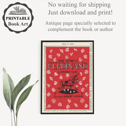 Printable the Story of Ferdinand the Bull, Book Cover Art Print on