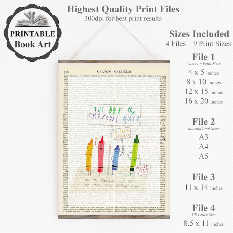 May include: Printable book art featuring a vintage dictionary page with a colorful crayon illustration. The artwork includes the text "THE DAY the CRAYONS QUIT" and is available in various sizes, including 4x5, 8x10, 12x15, and 16x20 inches.