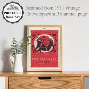 K&ouml;nnte beinhalten: Eine Vintage-Buchcover-Illustration von Homers Odyssee. Das Cover zeigt einen roten Hintergrund mit schwarzem Text und eine Schwarzwei&szlig;illustration von zwei Figuren in einem Kreis.