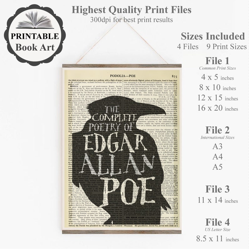 Peut inclure: Impression d'art imprimable repr&eacute;sentant une silhouette de corbeau noir sur fond de page de livre vintage. Le texte "The Complete Poetry of Edgar Allan Poe" est visible sur l'image. Neuf tailles d'impression diff&eacute;rentes sont disponibles, notamment 4x5 pouces, 8x10 pouces, 12x15 pouces et 16x20 pouces.