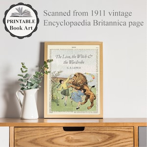May include: A framed print of a vintage book page featuring the title "The Lion, the Witch, and the Wardrobe" by C.S. Lewis. The artwork depicts a lion and children in a colorful illustration. The frame is light brown.