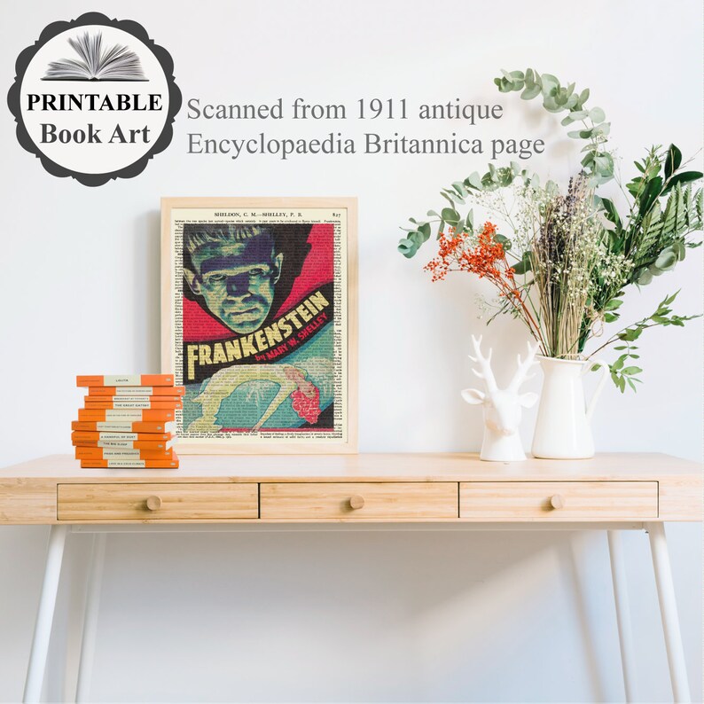 May include: A framed vintage "Frankenstein" poster, scanned from a 1911 encyclopedia page, featuring a green-toned monster and red text. A stack of orange books and a vase of flowers sit on a light wood desk.