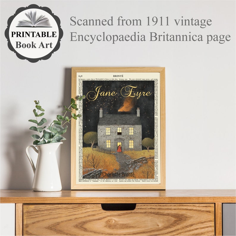 Peut inclure: Une impression d'art de livre imprimable d'une illustration vintage de Jane Eyre, un roman de Charlotte Bront&euml;. L'illustration repr&eacute;sente une maison avec une fen&ecirc;tre &eacute;clair&eacute;e la nuit, une femme en robe rouge marchant vers la maison et le texte "Jane Eyre" dans une police d&eacute;corative.