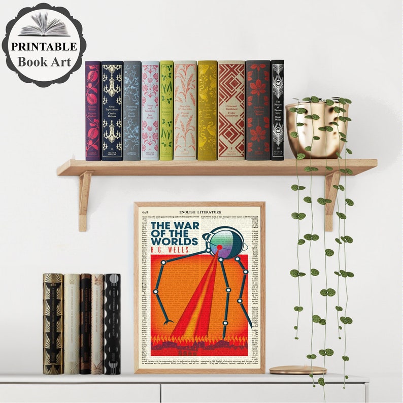 May include: A printable book art print featuring a vintage style illustration of a Martian tripod from H.G. Wells' "The War of the Worlds" on a white background. The print is framed in a brown wood frame.