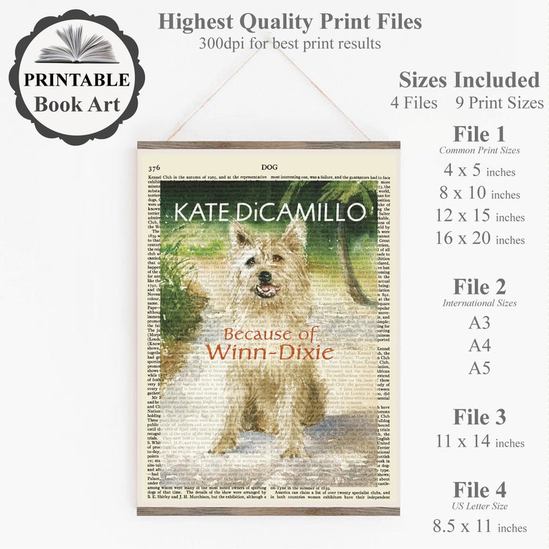 May include: Printable book art print of a white dog with the text "Because of Winn-Dixie" and "Kate DiCamillo" on a background of a book page. The print is available in 9 sizes, including 4x5 inches, 8x10 inches, 12x15 inches, and 16x20 inches.