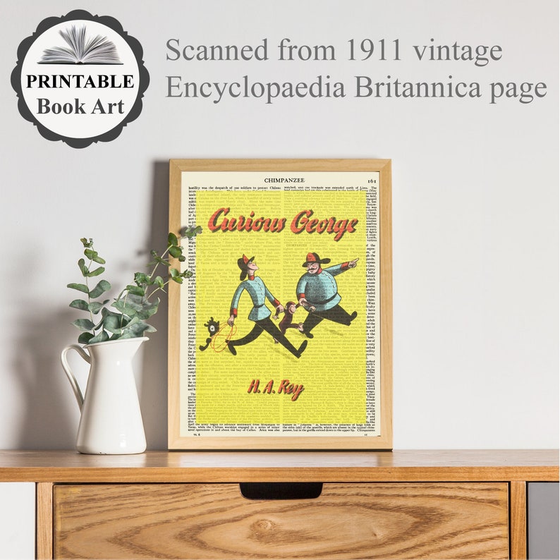 May include: A vintage print of a book page featuring a yellow background with the text "Curious George" and the author's name "H.A. Ray". The illustration shows Curious George and the Man with the Yellow Hat walking with a monkey.