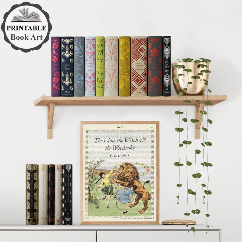 May include: A wooden shelf displays a collection of vintage books with colorful spines and decorative covers. Below, a framed print of "The Lion, the Witch, and the Wardrobe" by C.S. Lewis is visible. A gold-colored pot with a trailing plant adds a touch of greenery.