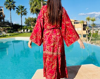 Luxury Silk Blend Robe, Boho Wrap Dress, Robe Beach Cover Up, Long House Robe, Paisley Kaftan