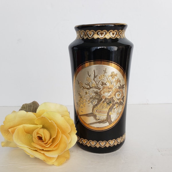 The Art of Chokin Vase, Black and Gold, Flowers in a Hand Cart, Made in Japan