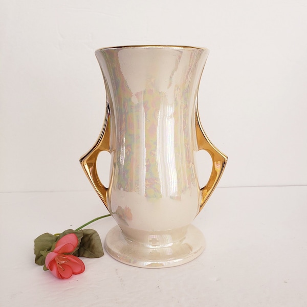 Pearl China 7" Handled Vase,  PEA10, Pearl Lusterware, Undecorated, Gold Trim
