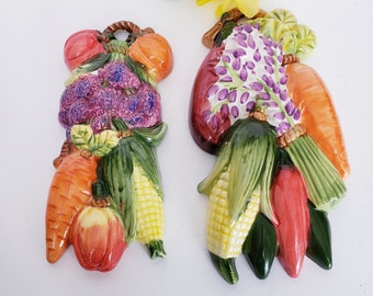 Set of 2 Ceramic Vegetable Wall Plaques, Farm Stand Vegetables, Flower Bouquets