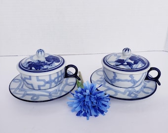 Bombay  Windsor Flat Cup and Saucer Set with Lid, Blue and White Scarborough, Your Choice of 3-Piece Set