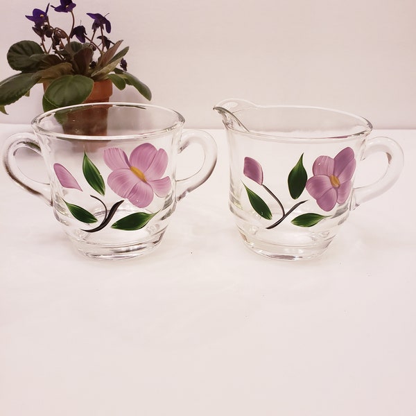Vintage Bartlett Collins Creamer and Sugar Bowl Set, Hand Painted Glass Lavendar Pink Flowers, Green Leaves