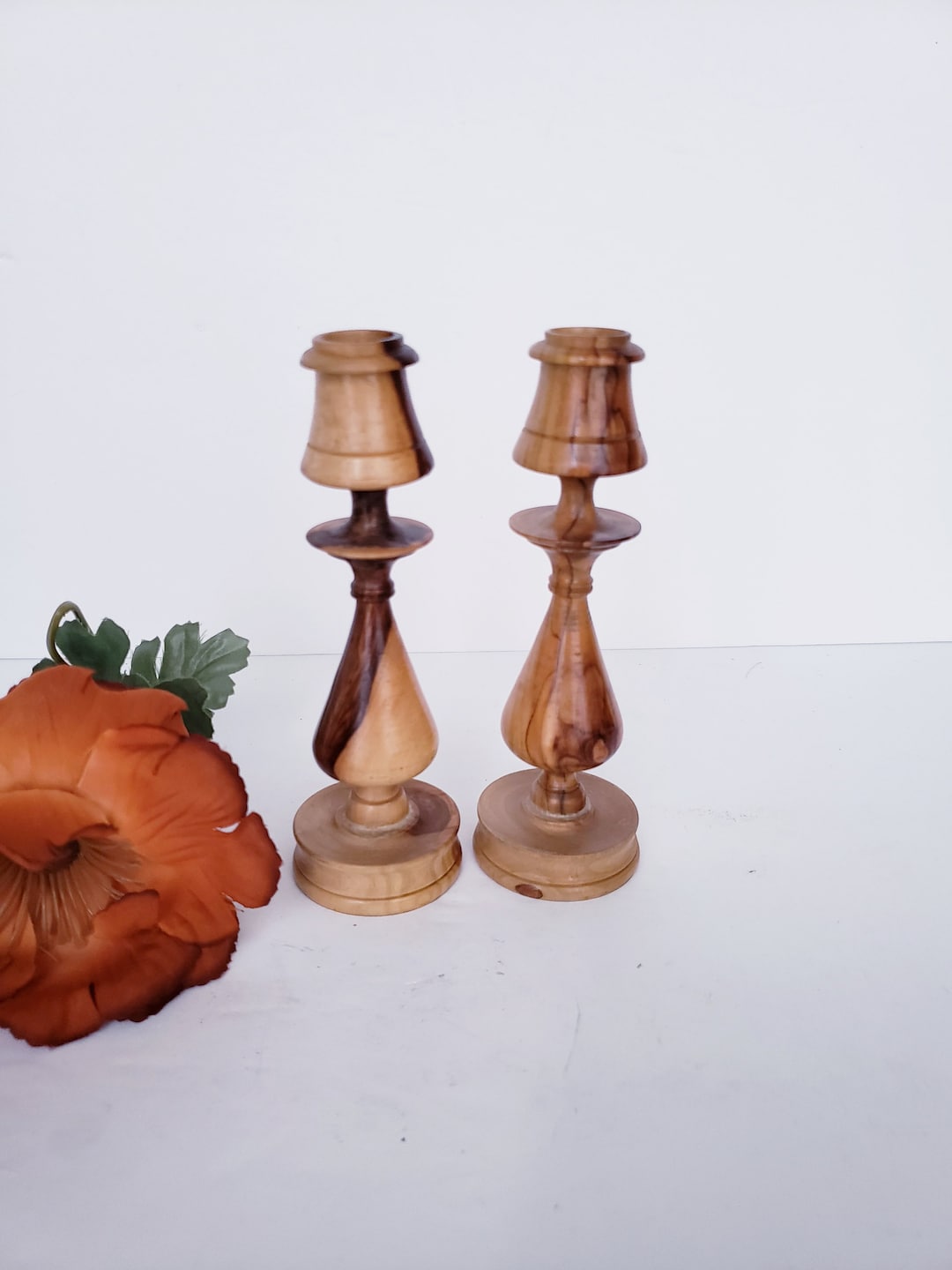 Set of 2 Turned Wood Candlestick Holders Solid Wood Etsy