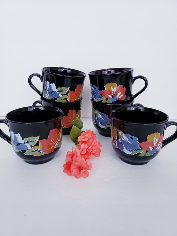 Set Of 6 Arcoroc France Black With Blue Red Yellow Flowers Etsy Norway