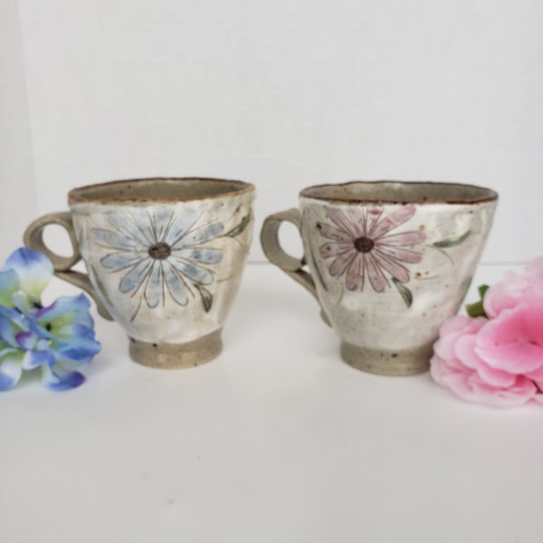 Set of 2 Korean Studio Art Pottery Mug - Wildflower Mug, Pink and Blue Flowers, Rustic, Stamped