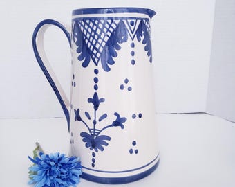 Ceramiche Virginia Blue and White Tall Pitcher, Made in Romania