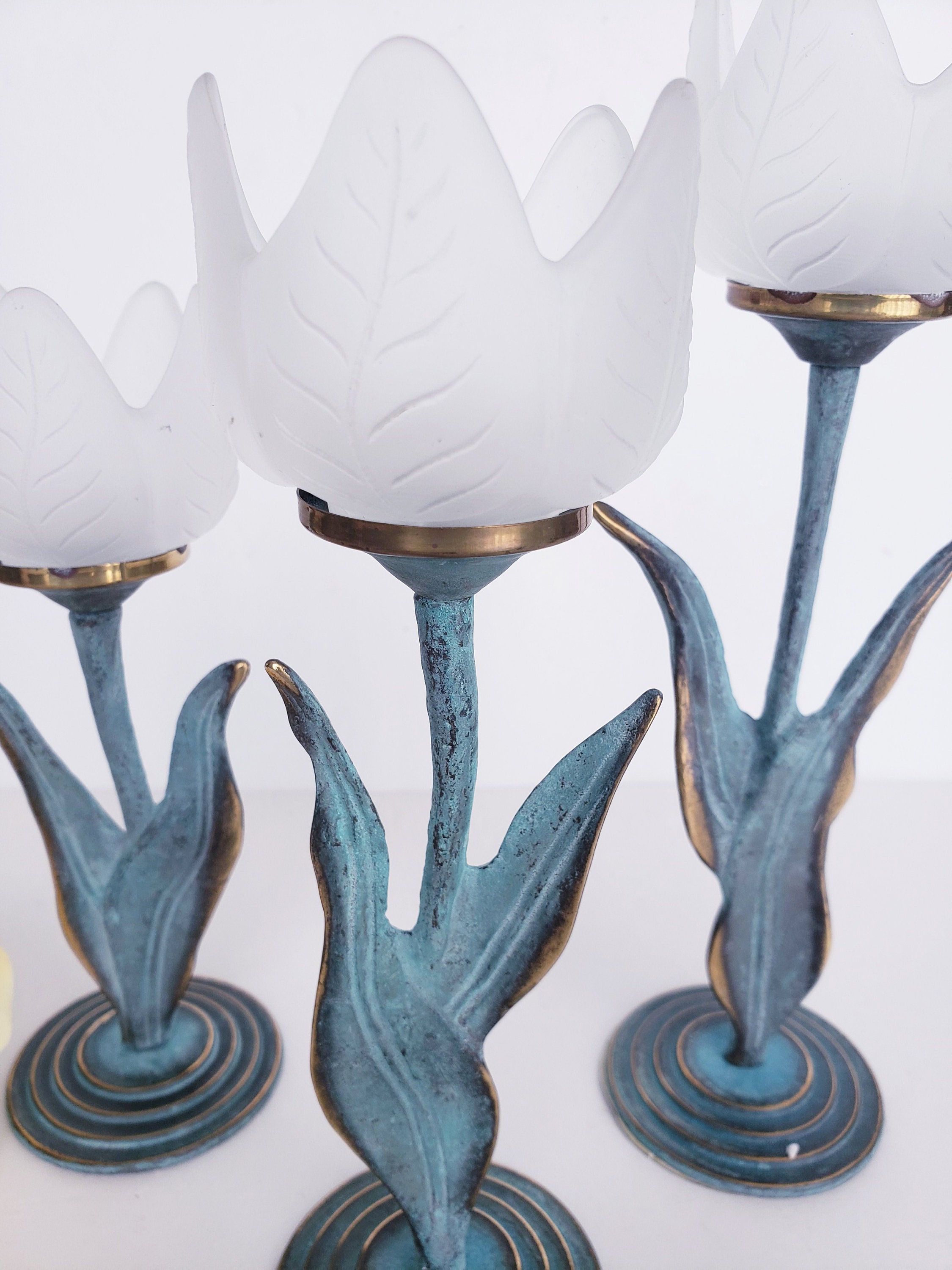 Design Studio Trio Tulip Candle Holder Set, Green Metal With