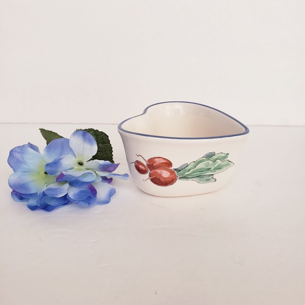 Vintage Pfaltzgraff Heart Shaped Custard Cup - Summer Garden, Flowers, Radishes, Blueberries, Stoneware